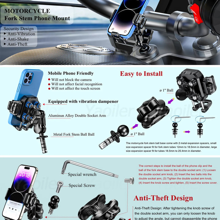 Kewig NEW Motorcycle Fork Stem Shock Absorption Phone Mount Holder w/ Qi 15W Wireless Charger & 36W PD/USB-C Fast Charging Port