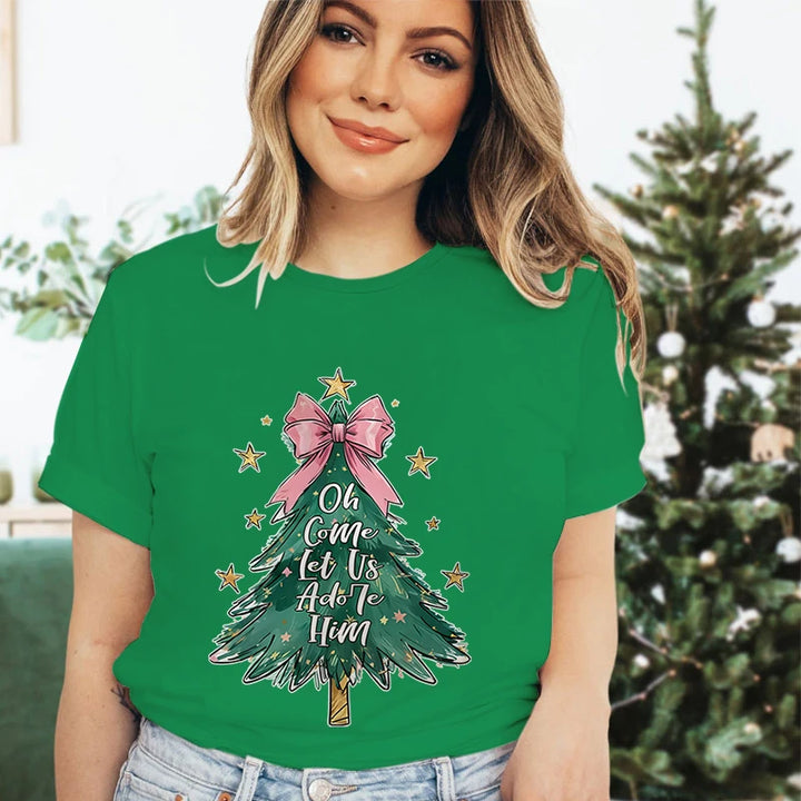 Merry Christmas Tree Design T-shirt Women Funny Festive Fashion Casual Green Tshirt Creative Xmas Tree Graphic Holiday Tops Tees