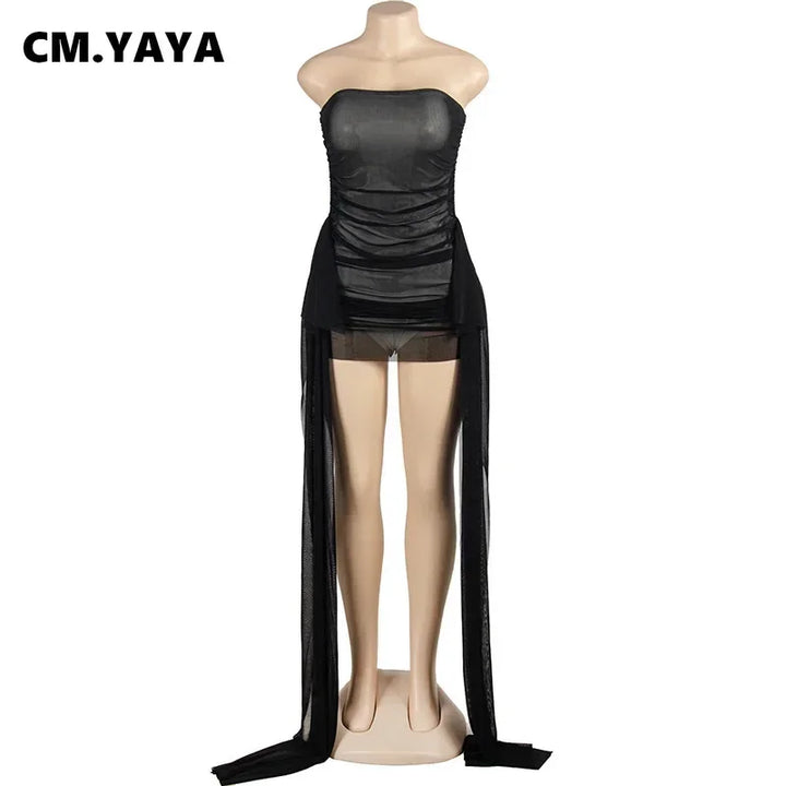 CM.YAYA Women Ribbon Strapless Mesh Mini Dress 2024 Fall Sleeveless Evening Sexy Club Party Evening High Street Dresses