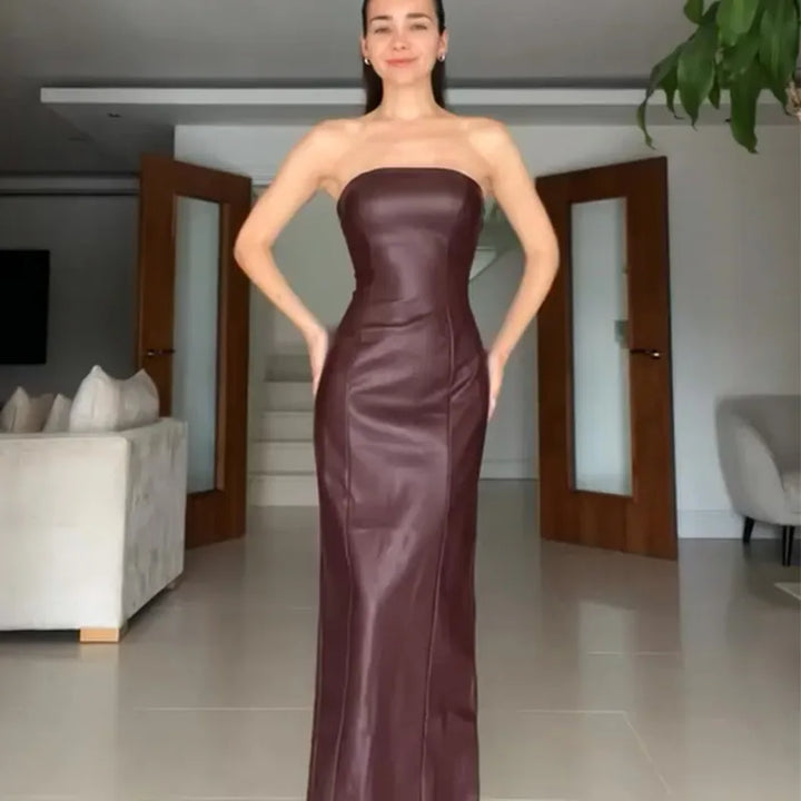 Sleeveless Strapless High Waisted Women's Leather Dress Backless Burgundy Slim Fit Evening Gown New Female Night Club Vestidos