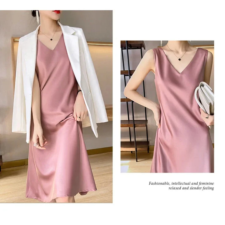 Spring/Summer Satin Dress V-neck, sleeveless, suit with a high-waisted maxi skirt