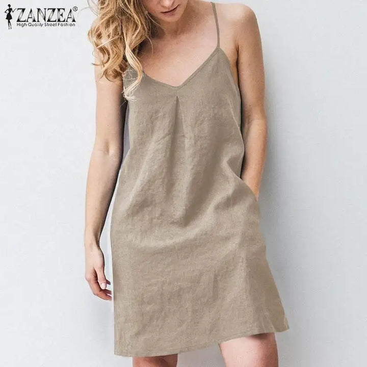 2023 ZANZEA Women Summer Backless Straps Dress Solid Sleeveless V-Neck Sundress Female Casual Robe Party Beach Vestidos Oversize