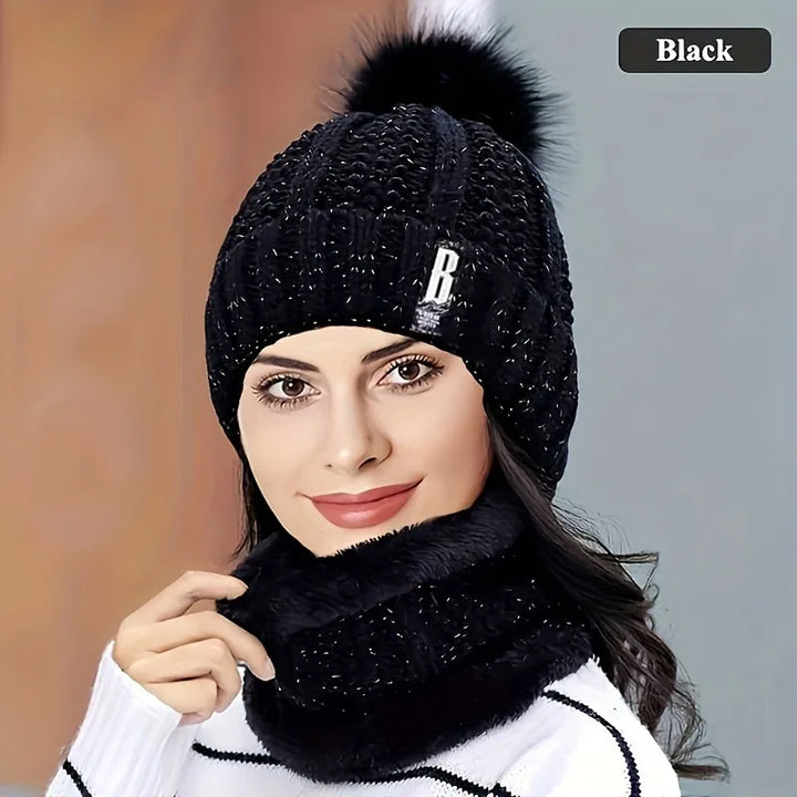 2PCS winter warm knit hat set Winter hat thick plush windproof cold casual warm hat scarf