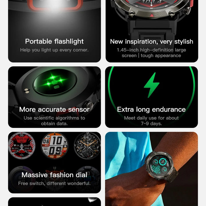 Outdoor Sports Smart Watch Flashlight 1.45" HD Screen Bluetooth Call For Men Fitness Tracker SmartWatch Android IPhone IOS