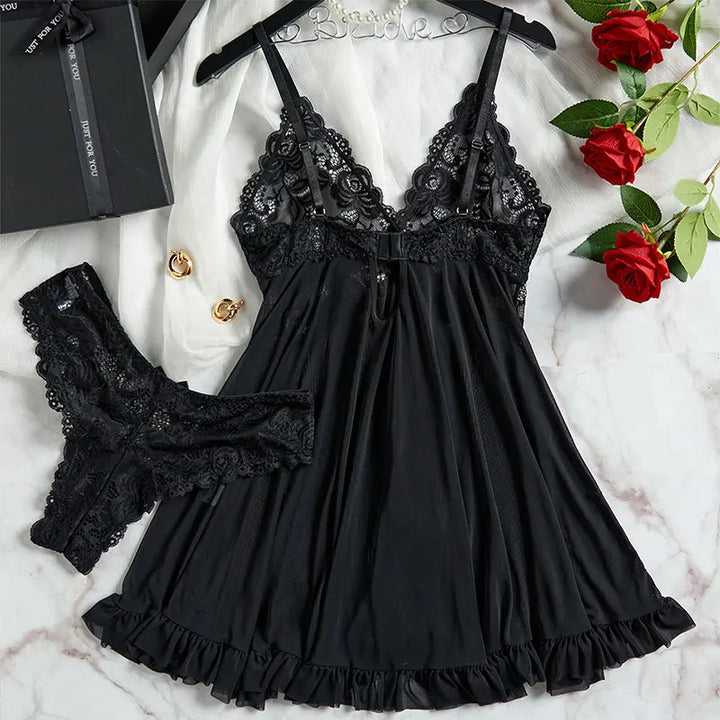 Thin Style G-string Contrast Lace Ruffle Trim Lingerie Set Deep V Slip Dress Thong Women's Sexy Lingerie Lencería Mujeres