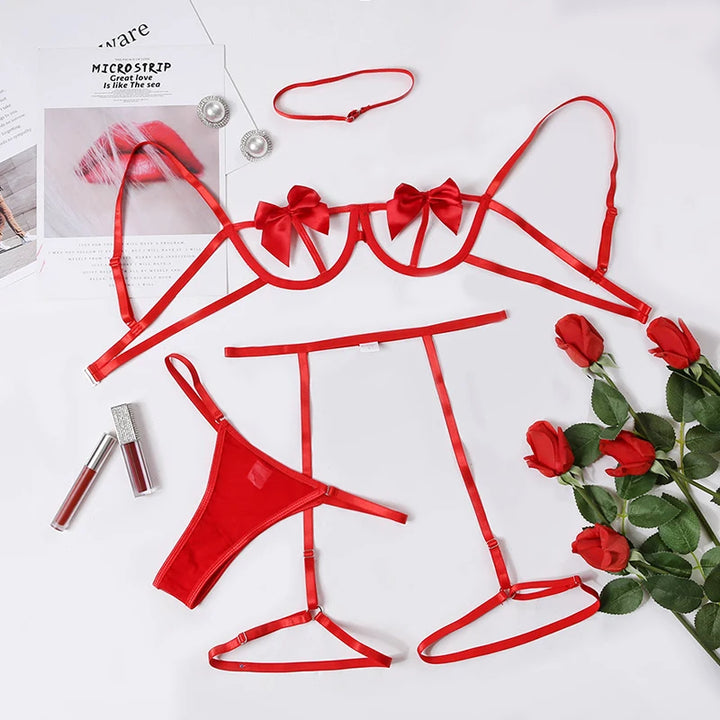 2024 Sexy Santa Bow Porn Red Underwear 3-Piece Hollow Perspective Bra Set Women Sexy Body Solid Thong And Sex Lingerie Ultra Hot