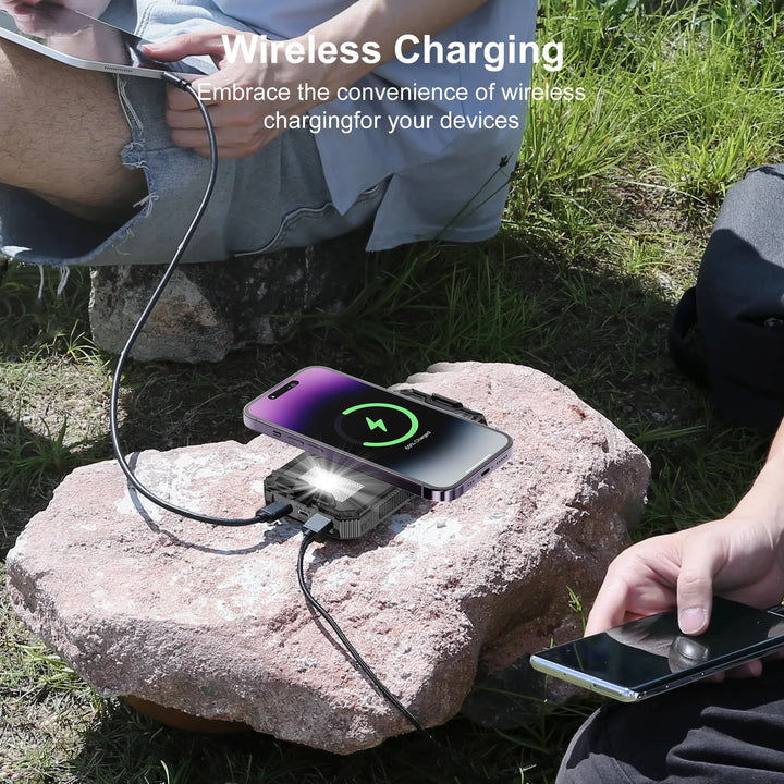 Mobile phone solar charger 20000mAh with 4 outputs, wireless charging emergency power supply, built-in LED light