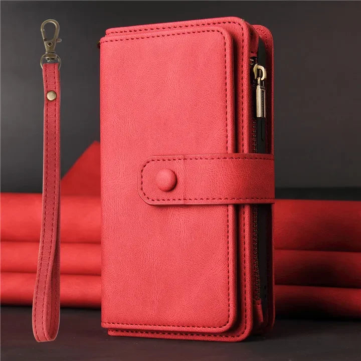 Multi 15-Card Flip Wallet Case For OPPO Realme 12 Pro Plus 11 11X 10 9 9i 8 Zipper Leather Lanyard Wrist Strap Cover Realme12