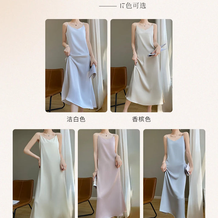 Summer Halter Dress Female Silk Silk Silk High Grade Satin Solid Color Long A-Line Skirt Waist Show Thin Cover Meat RW D13