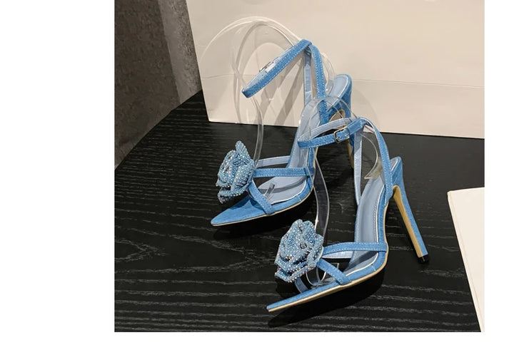 Aneikeh 2025 Fashion Denim Buckle Strap High Heels Women's Sexy Pointed Open Toe Crystal Flower Slim Heel Sandals Party Dress