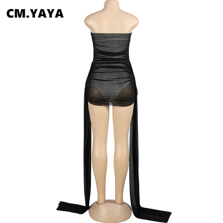 CM.YAYA Women Ribbon Strapless Mesh Mini Dress 2024 Fall Sleeveless Evening Sexy Club Party Evening High Street Dresses