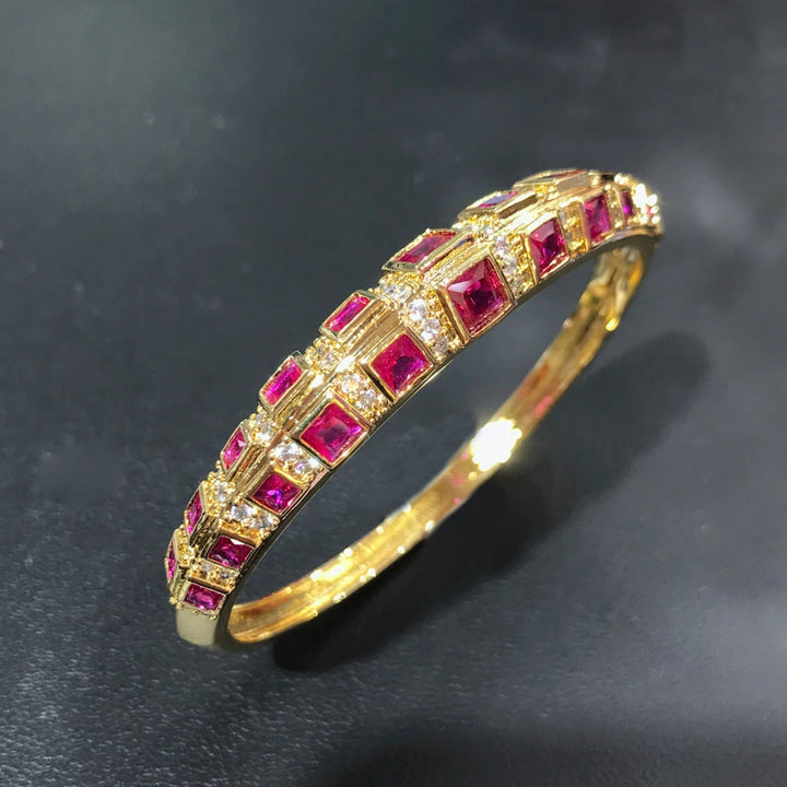 CSJ Ruby Bangle Created Red Corundum Bracelet Yellow Gold for Women Lady Party Birthday Trendy Jewelry Gift