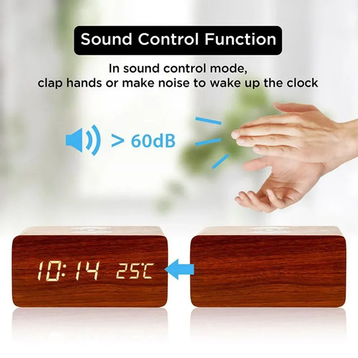 Alarm Clock LED Digital Wooden USB/AAA Powered Table Watch with Temperature Humidity Wireless Charging Electronic Desk Clocks