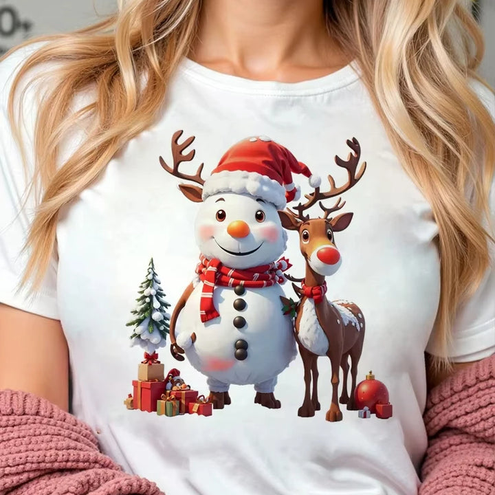 Christmas Women Casual T-Shirt Cartoon Snowman Reindeer Christmas Tree Print Sports Fashion Shirt Round Neck Loose Versatile Top