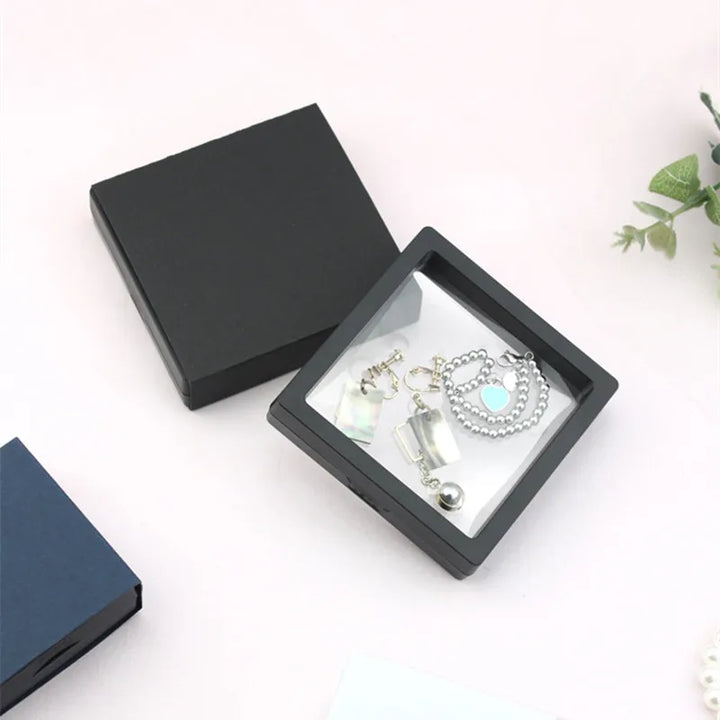 PE Membrane Transparent Jewelry Display Box Case Ring Necklace Bracelet Organized 3D Floating Square Frame Storage Collection