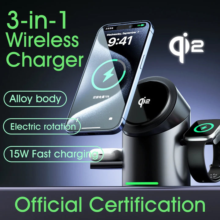 Qi2 3 in 1 Magnetic Wireless Charger Touch Roating for Iphone 16 15 14 Pro Max, Iwatch Earphone Fast Charging Base