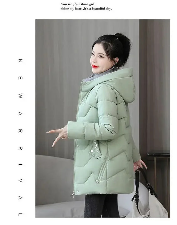 Winter Fashion Women Mid Length Down Cotton Jacket Korean Loose Thick Warm Padded Coat Female Hooded Parkas Outerwear Winter