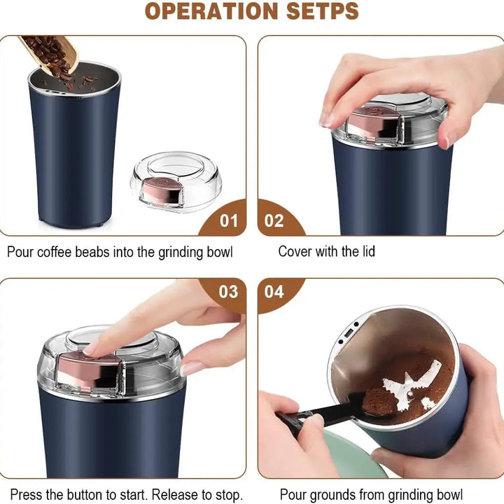 Electric Coffee Grinder Stainless Steel Spices Grinder Non-Slip Base Rust-Proof Coffee Bean Grinder Home Office Use Easy Clean