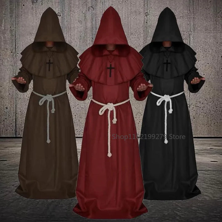 Halloween Wizard Costume Cosplay Medieval Hooded Robe Costume Monk Friar Robes Priest Costume Ancient Clothing Christian Suit