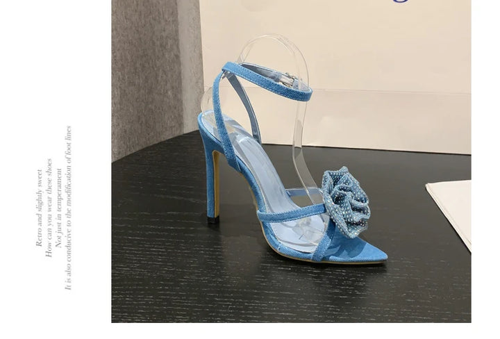 Aneikeh 2025 Fashion Denim Buckle Strap High Heels Women's Sexy Pointed Open Toe Crystal Flower Slim Heel Sandals Party Dress