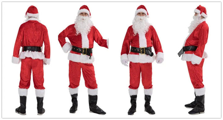 Deluxe Christmas Santa Claus Costume Set Red Zipper Coat with Pants Hat Belt Beard Shoes - Festive Holiday Outfit for