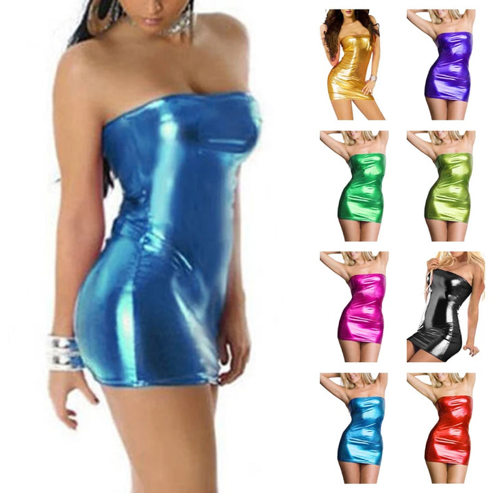 Sexy Women's Patent Leather Wet Top Dress Tight Club Wear Imitation Leather Wrap Chest Dress Short Skirt Brand New