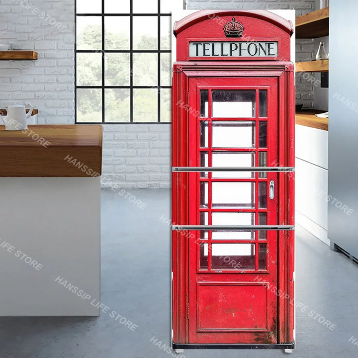 INS Style Telephone Booth Design Fridge Stickers Full Cover Vinyl Cartoon Popcorn Machine Display Refrigerator Sheet Art Poster