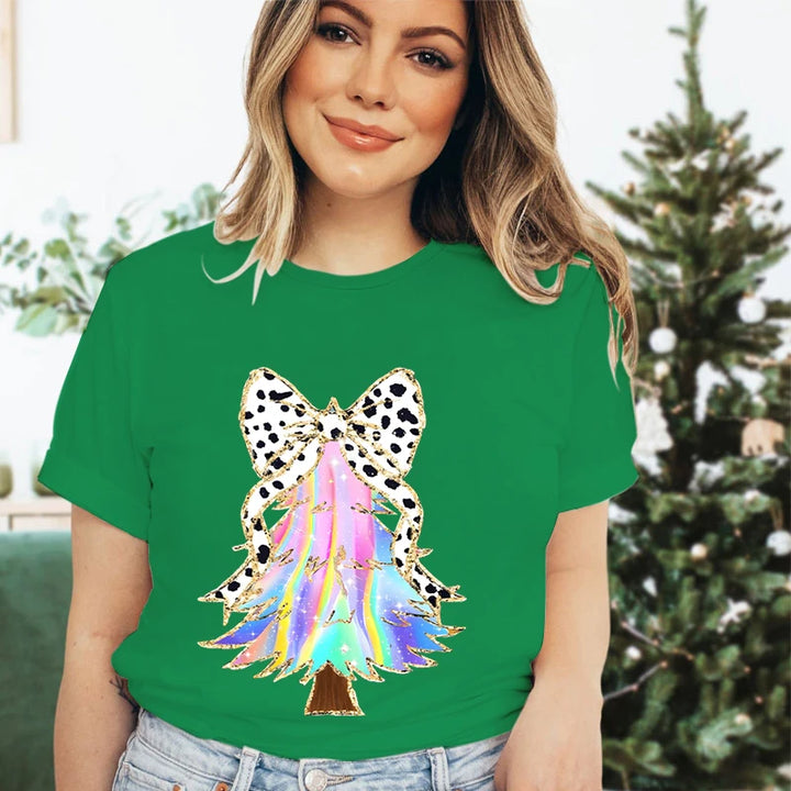 Merry Christmas Tree Design T-shirt Women Funny Festive Fashion Casual Green Tshirt Creative Xmas Tree Graphic Holiday Tops Tees