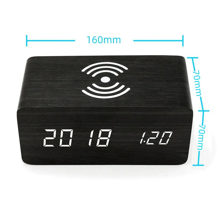 Alarm Clock LED Digital Wooden USB/AAA Powered Table Watch with Temperature Humidity Wireless Charging Electronic Desk Clocks