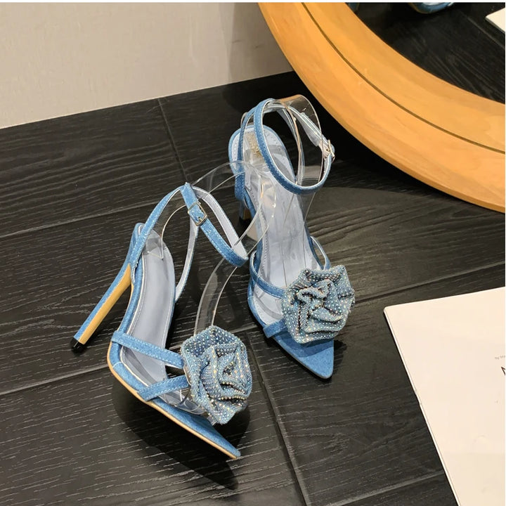 Aneikeh 2025 Fashion Denim Buckle Strap High Heels Women's Sexy Pointed Open Toe Crystal Flower Slim Heel Sandals Party Dress