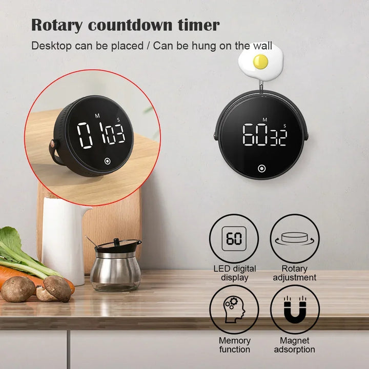 Round Digital Timer Stopwatch HD LED Electronic Studying Self Regulated Rotary Countdown Alarm Kitchen Cook Gadget Home Reminder