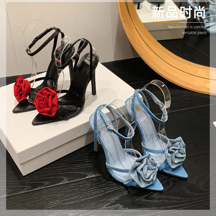 Aneikeh 2025 Fashion Denim Buckle Strap High Heels Women's Sexy Pointed Open Toe Crystal Flower Slim Heel Sandals Party Dress