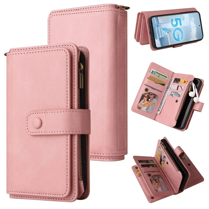 Multi 15-Card Flip Wallet Case For OPPO Realme 12 Pro Plus 11 11X 10 9 9i 8 Zipper Leather Lanyard Wrist Strap Cover Realme12