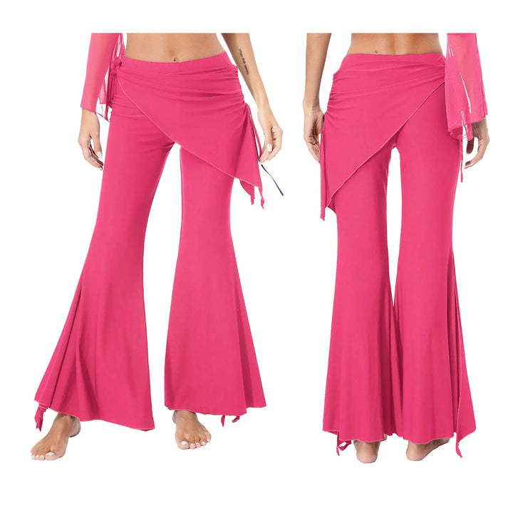 Womens Split Flared Belly Dance Pants Halloween Carnival Costume Solid Color Pants Lace-Up Skirted Pants