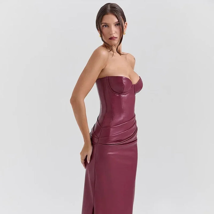 Sexy Woman Strapless Burgundy Slim Leather Long Dress Elegant Back Lace Up Side Slit Sleeveless Dresses 2025 Evening Party Robe