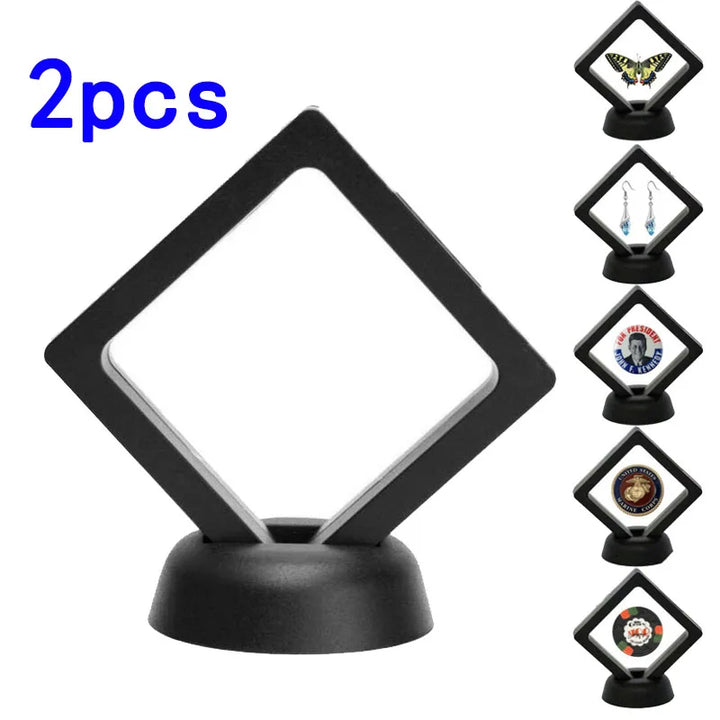 3D Coin Frame Black Display Exhibiting Floating Holder Plastic Square 2pcs Stand 90*90mm Box Case Collection Jewelry