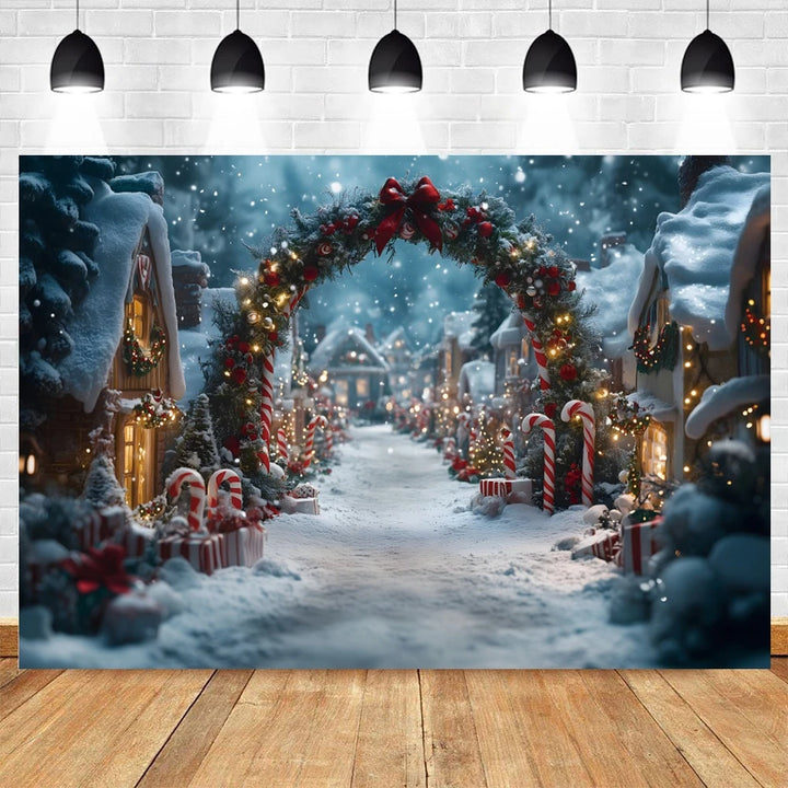 Winter Christmas Photography Backdrop Wonderland Candy Cane Arch Xmas Town Snow Tree Family Portrait Decor Photo Background Prop