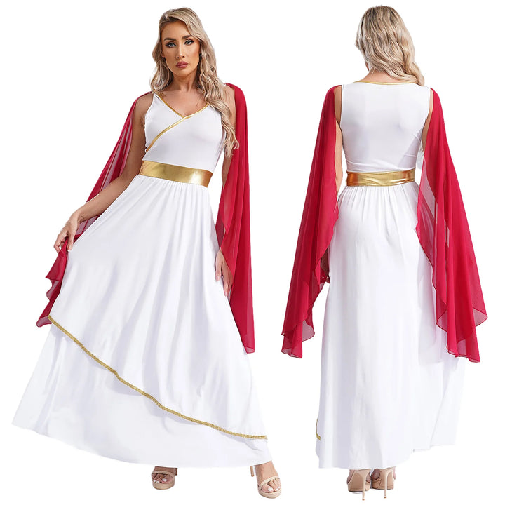 Womens Ancient Greek Toga Goddesses Costumes Party Halloween V Neck Sleeveless Gold Trims Toga Greece Roman Queen Cosplay Dress