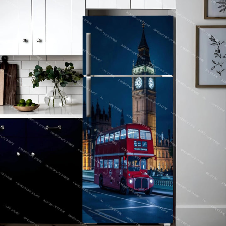 INS Red Umbrella Big Ben Fridge Door Wrap Mural Waterproof PVC Refrigerator Door Art Poster Wallpaper Removable Fridge Decal