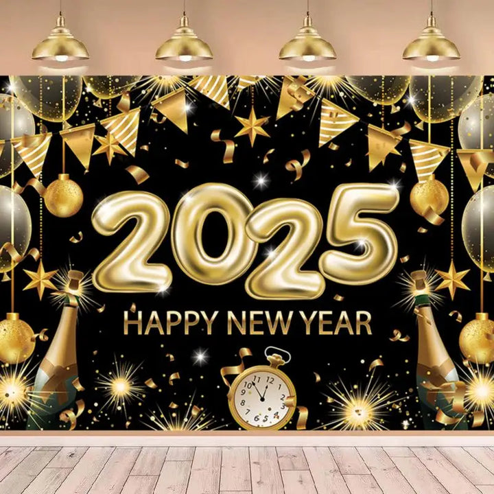 Happy New Year Banners 2025 6.88 X 4.92ft Black Gold New Years Eve Banner Happy New Year Decorations Holiday Wall Display For