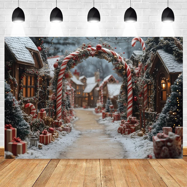 Winter Christmas Photography Backdrop Wonderland Candy Cane Arch Xmas Town Snow Tree Family Portrait Decor Photo Background Prop