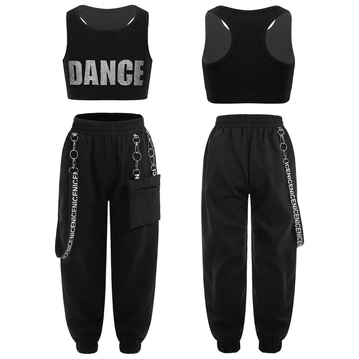 Teens Girls Fashion Outfit Street Jazz Dance Clothes Sleeveless Racer Back Crop Top with Hiphop Sweatpants Streetwear Sportswear