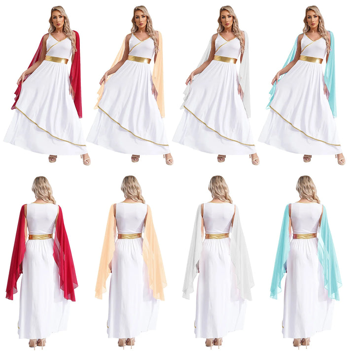 Womens Ancient Greek Toga Goddesses Costumes Party Halloween V Neck Sleeveless Gold Trims Toga Greece Roman Queen Cosplay Dress