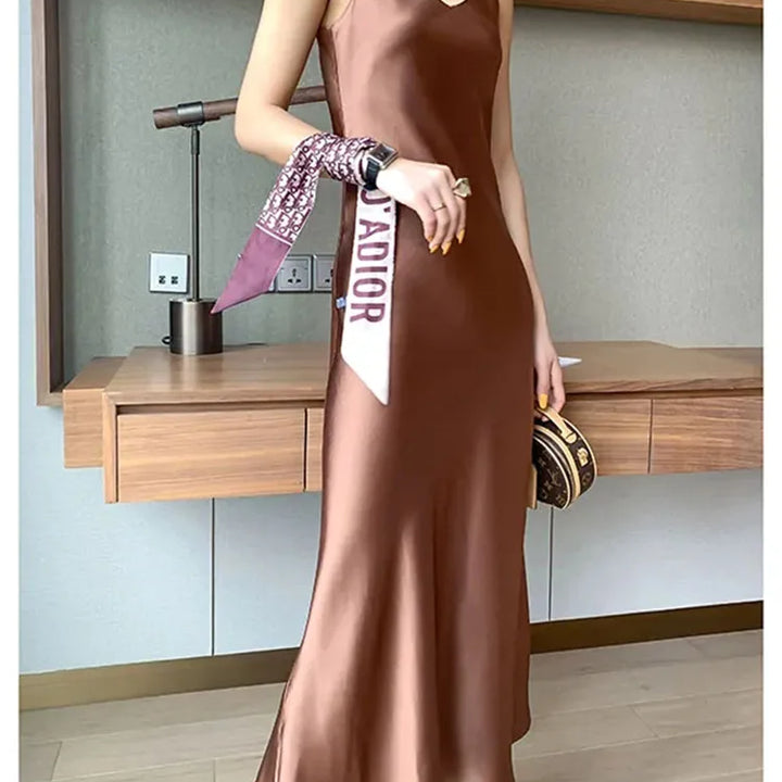 2022 Elegant Women Dress Summer Sexy V-Neck Korean Satin Party Long Spaghetti Strap Dresses Casual Sundress Vestido Mujer