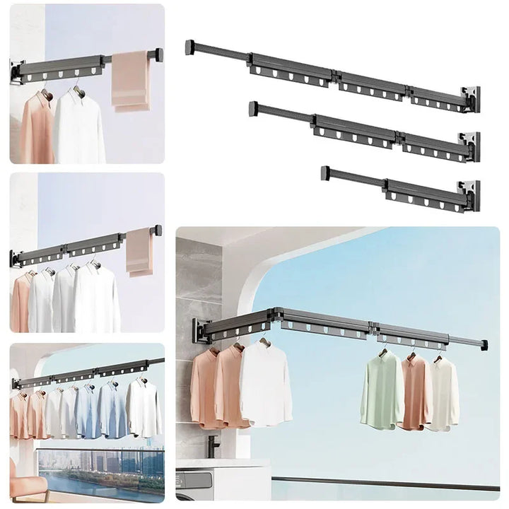 Home Supplies Retractable Folding Clothes Hanger Wall Mounted Stainless Steel Clothes Hanger Gunmetal Grey Multiple Fold Hanger