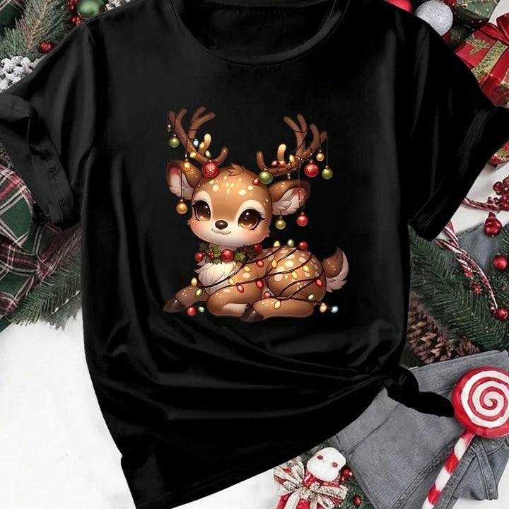 Cute Christmas Elk Printing Women T Shirt Cartoon Casual Short Sleeve O-Neck Women Red Tshirt Ladies Y2k T-shirt Female