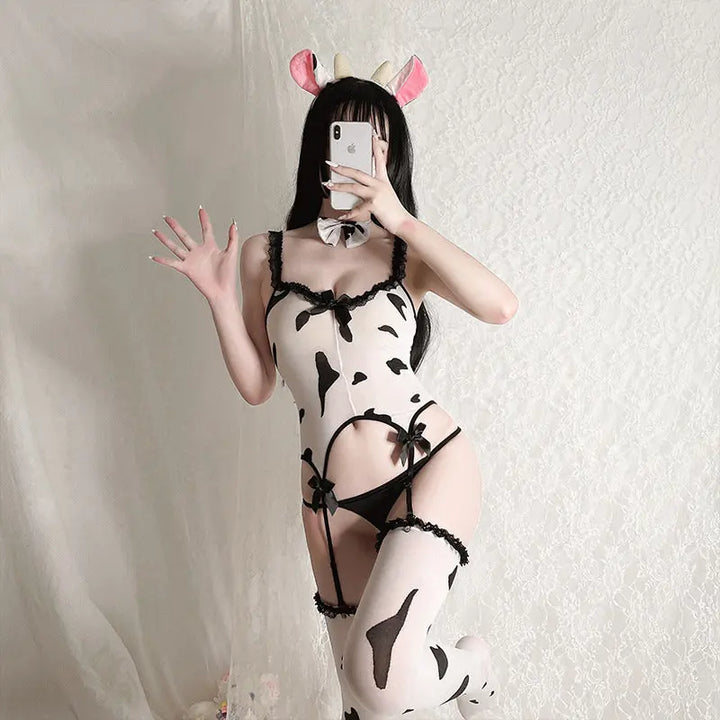 Sexy Lingerie Sweet Cow Bodysuit Stockings set Hollow Exotic Suspenders Dresses Uniform Temptation Full Set For Women Costume