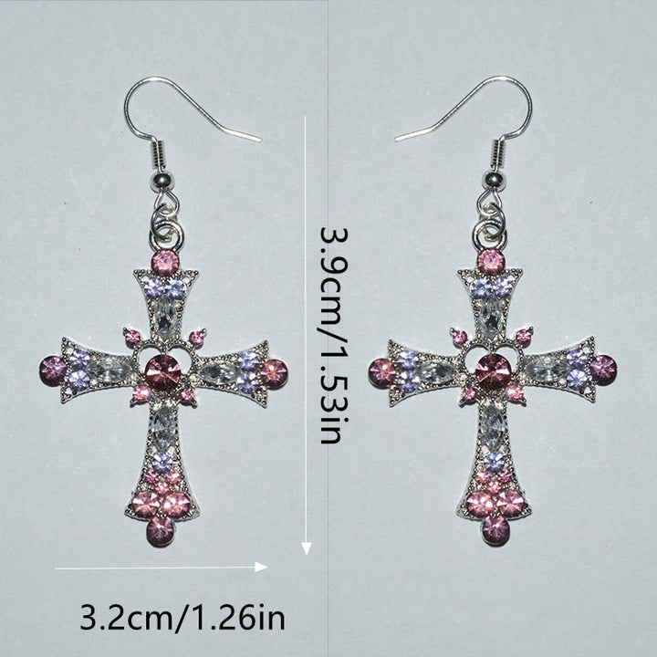 Gothic Pink Heart Cross Earrings Y2K Kpop Purple Zircon Cross Drop Earring for Women Grunge Egirl Earrings Jewelry Accessories