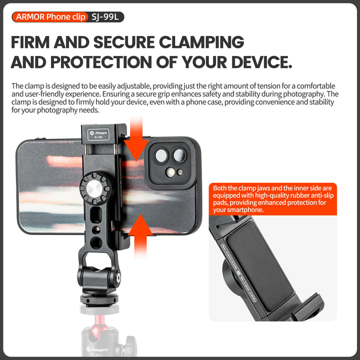 Fotopro SJ99L Metal Phone Clip with Cold Shoe Horizontal Vertical Shooting Smartphone Mount Holder for Tripod iPhone