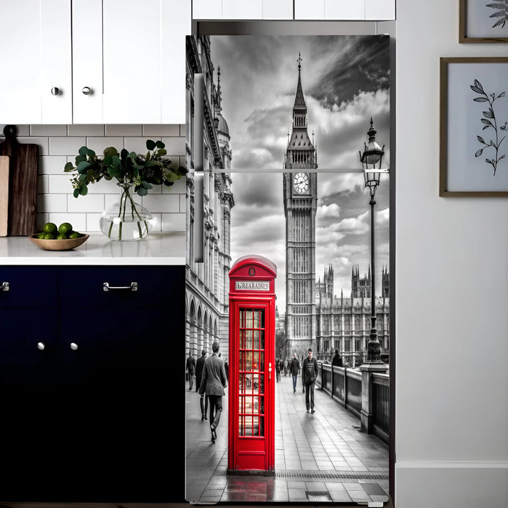 INS Red Umbrella Big Ben Fridge Door Wrap Mural Waterproof PVC Refrigerator Door Art Poster Wallpaper Removable Fridge Decal